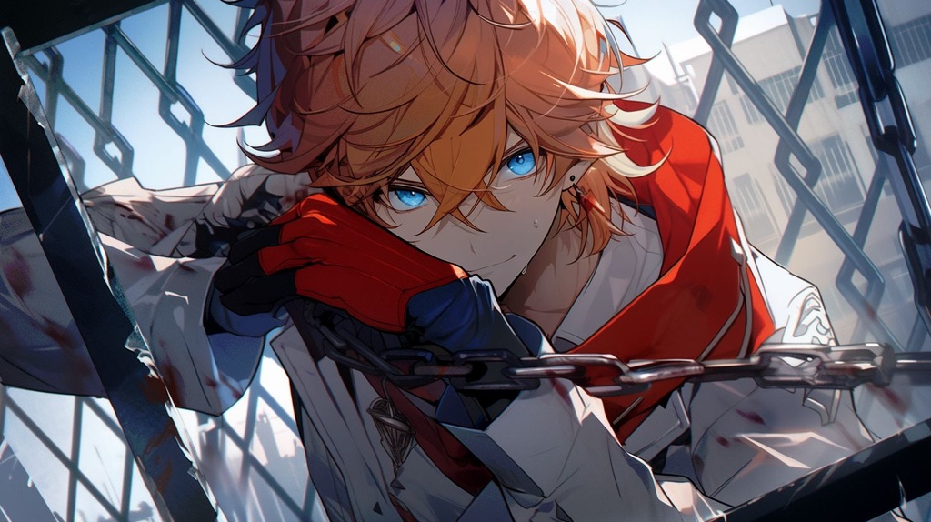 Prompt: Tartaglia from genshin impact, Short messy red hair falling between the eyes, eyes are bright blue, red gem earing, wearing an orange prison jumper with white nametag, large guillotine outside his cell, nervously looking at the blade on the guillotine, hands cuffed --upbeta --niji 5 --style original --ar 16:9 