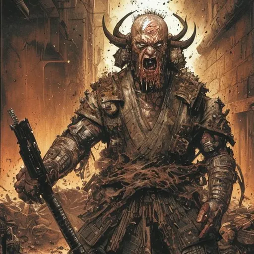 Prompt: a bald head bearded white buff guy using a kenpo armor in a post apocalyptic dojo in hell drawing by simon bisley