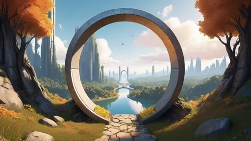 Prompt: circular portal, gateway between cities realms seasons biomes worlds, ring standing on edge, freestanding ring, complete ring, panoramic view
