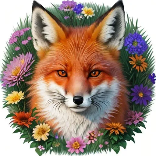 Prompt: A tattoo design of a realistic fox surounded by flowers