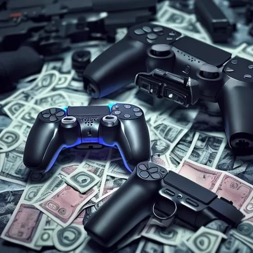 Prompt: A 3d ps5 controller next to a gun, with money in the background. High quality and clean image giving violent and dark vibes. Dark image with Toronto CN tower in the back. red instead of blue on controller. Add a blood splatter to the image