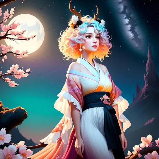 Prompt: painting of a beautiful girl, style of Fragonard, Pixar, Bob Ross, (messy hair), arms showing, legs showing, dusk, midnight, ((night sky)), sakura, peach, teal, black, bioluminescent, veils, (wearing intricate kimono), (white stag horns),  (fluffy white wolf ears), stars, ((yggdrasil in the background)), glowing, river, stream, lanterns, world tree, night sky, delicate, soft, silk, threads, ethereal, nebula, galaxy, luminous, ribbons, 3D lighting, soft light