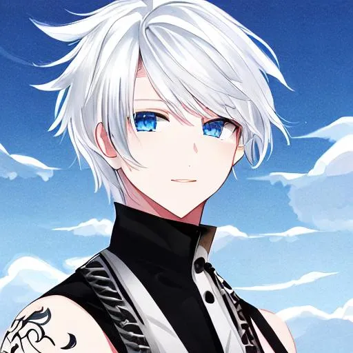 Prompt: pixiv, a man, white hair, short hair, deep blue eyes, detailed face, waist-up shot, HDRI, masterpiece, smooth, sharp focus, illustration, tattoo_black_horizontal_lines_on_cheeks, emo, pupiles, happy, casual cloths