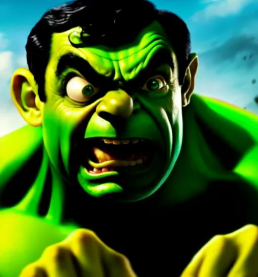 Prompt: Mr Bean as The incredible hulk