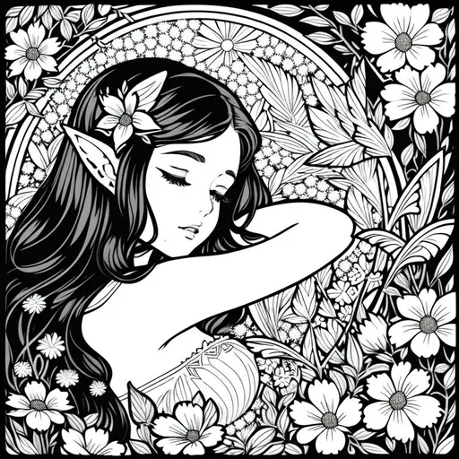 Prompt: beautiful female brunette sleeping among flowers, fairy wings, elf ears, art deco, coloring book style, black and white illustration, intricate lineart, sharp focus, high quality