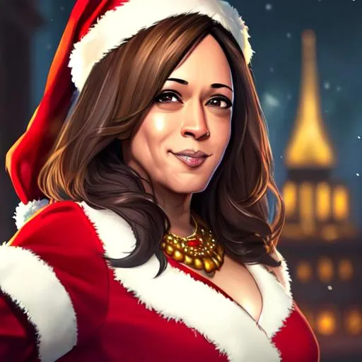 Prompt: Kamala Harris as Santa, beautiful detailed face, full body action pose,  highest quality, clear focus, deep color, full body, complementary colors, soft glow, fantasy concept art, 8k resolution, Artstation Unreal Engine 5 trend, Artgerm, WLOP, dynamic soft lighting, fantasy framing, hyper detailing, intricate detailing, Artstation process color trend, Unreal Engine Volumetric Engine Lighting Engine 5