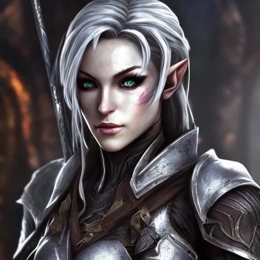 Prompt: A female rogue fighter ranger, of dark elf orgin, beautiful and realistic, stoic, fierce and feminine,   attractive, expressive eyes, silver hair, very pretty