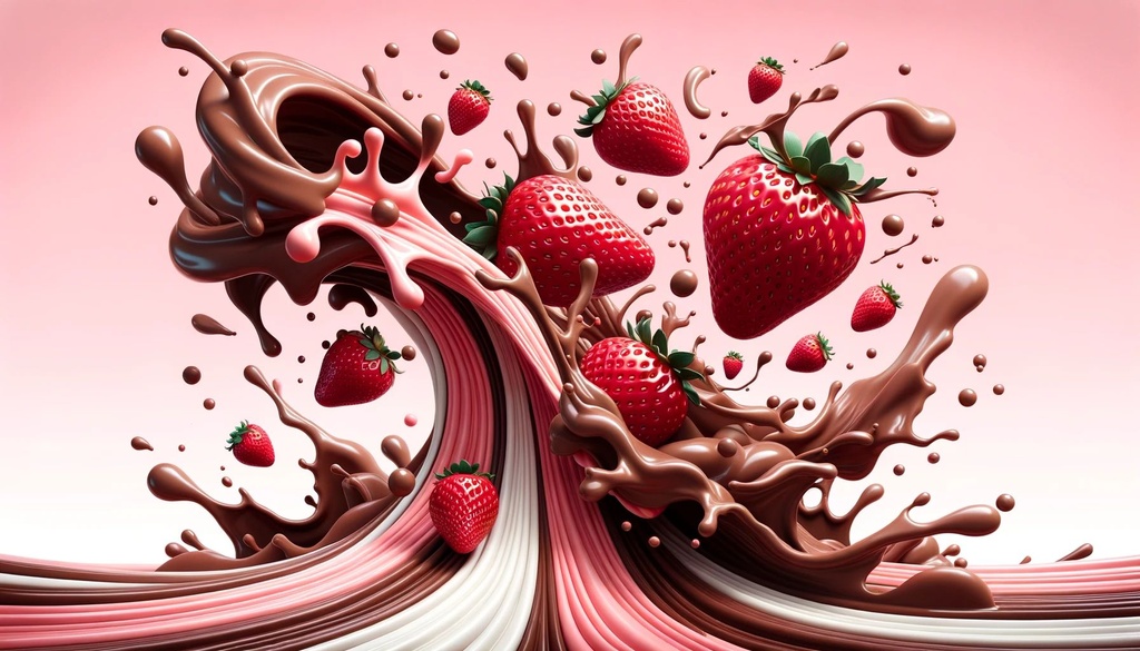 Prompt: Illustration of a surreal scene where strawberries levitate, and a wave of rich chocolate sauce crashes over them in mid-air, set against a pastel pink background in a wide format.