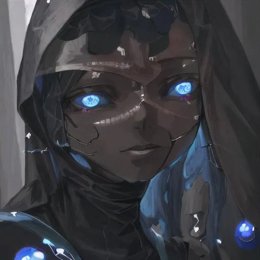 Prompt: A beautiful black skinned nun teenage with blue eyes, blue orbs circling around her and wounds on her body