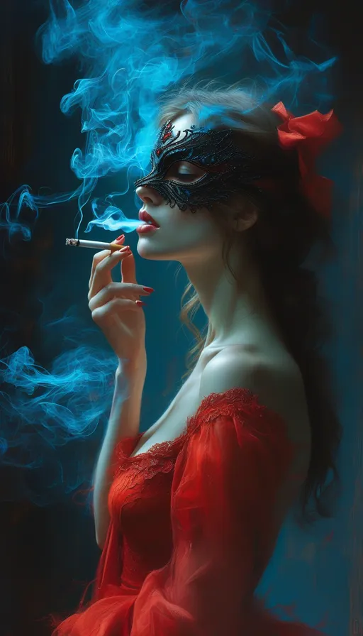 Prompt: Woman in a red dress smoking a cigarette, her mysterious mask adding an air of intrigue, inspired by Anne Stokes, fantasy art, enchanting atmosphere, vivid blue tones contrasting with soft shadows, intricate details highlighting the fabric and smoke's swirling patterns, ultra-detailed digital painting, photorealistic quality, conveying a sense of otherworldly allure, vibrant and captivating composition.