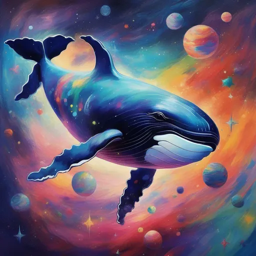 Prompt: in a painted Disney impressionist style, a colourful whale swimming in outer space 