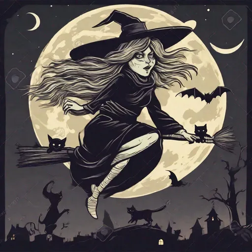 Prompt: Witch and a cat flying on one broom together at night. Four bats in the background. Full moon.