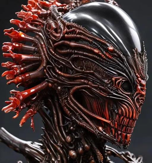 Prompt: Realistic ultra detailed pic of alien giger made of red obsidian turquoise shell bone coral jet