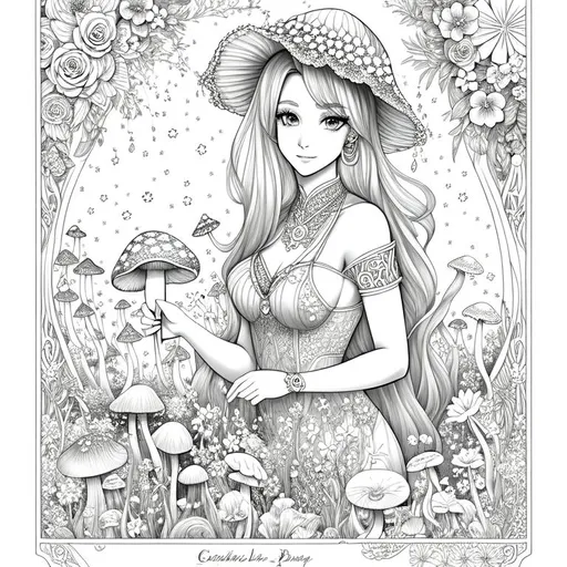 Prompt: female, fair, beautiful, grey scale, coloring book, fantasy, whimsical, flowers, mushrooms