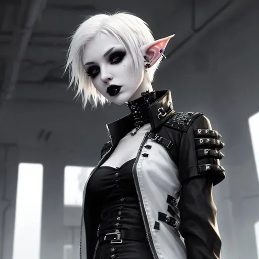 Prompt: Goth, pale skin, elf, rocker girl, short hair, white hair, cyberpunk clothes, plain background, nose piercing, lip piercing