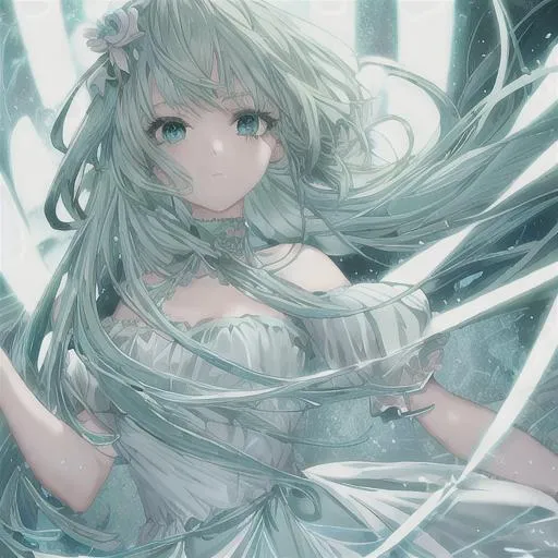 Prompt:  light blue light green haired girl with beautiful eyes
light blue light green theme anime girl