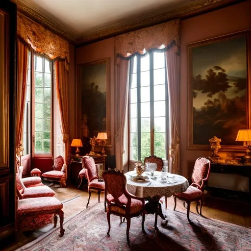 Prompt: "Generate an image of a romantic dinner scene for two in an 18th-century French château. We are inside a meticulously decorated room, adorned with all the details of the era. The room exudes an ambiance of peace, warmth, and romance. As I open the window, a "breathtaking view unfolds—a magnificent French garden meticulously maintained, adorned with all the springtime flowers of the era."  "The view from the window is the focal point, showcasing the splendid garden in vibrant spring colors. It's dusk, and the sky is painted with vibrant hues, enveloping the scene in a serene and romantic atmosphere."" ultra hd, realistic, vivid colors, highly detailed, UHD drawing, pen and ink, perfect composition, beautiful detailed intricate insanely detailed octane render trending on artstation, 8k artistic photography, photorealistic concept art, soft natural volumetric cinematic perfect light" 