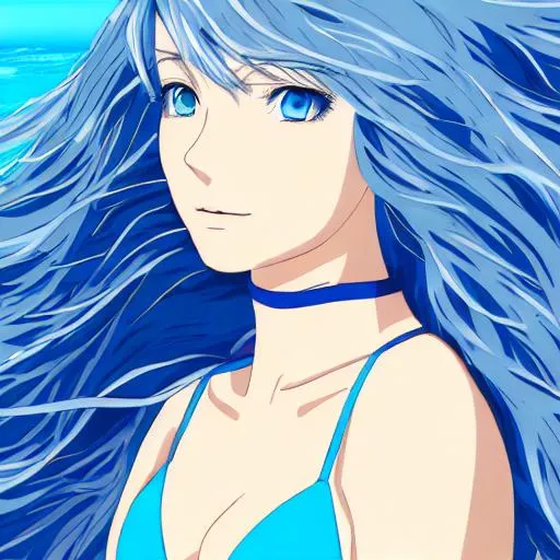 Prompt: anime portrait of a kind young adult woman with blue eyes and long, beautiful, intricate, wavy, curly, flowing, powder blue hair,  shimmer in the air,  digital art, looking into camera wearing a red bikini in beach in huwai
