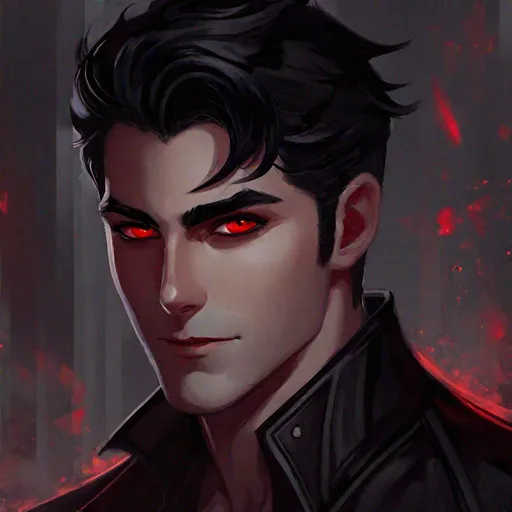 Prompt: Damien (male, short black hair, red eyes) smiling sadistically, eyes wide open