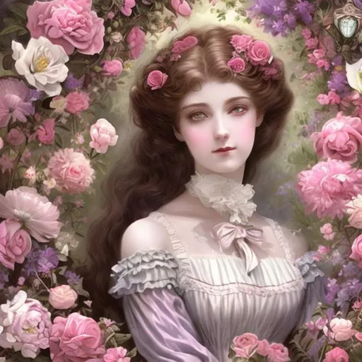Prompt: beautiful Victorian era woman, surrounded by flowers, anime, pink