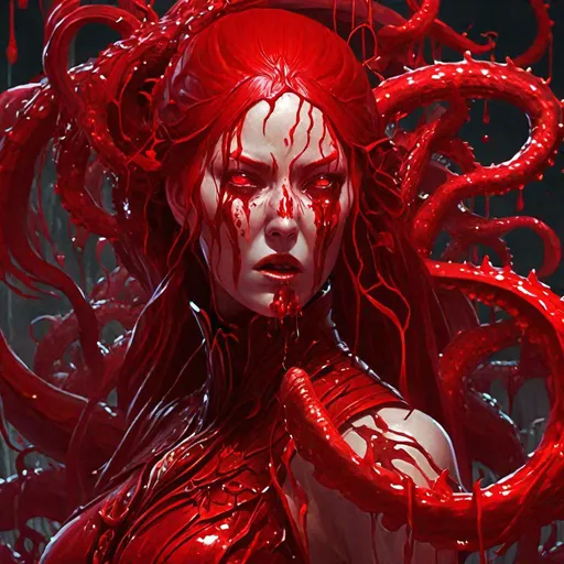 Prompt: "Intricately hyperdetailed terrifying bleeding woman (("monstrous bloodmage Skarlet from Mortal Kombat 11; glowing red eyes; sleeveless red dripping fighting outfit; Slavic redhead straightened hair"))!!! (sinister "dripping red tentacles rising from red turbulent seas" background)!! WLOP; Atomhawk; Steve Beran; Iain Macarthur; Aivazovsky; HDR half-portrait photograph; Cinema 4D; dynamic lighting; volumetric lighting; amazing depth; "contrasting shades of red;" meticulously detailed masterpiece"