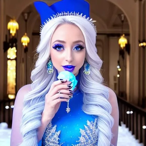 Prompt: Ice Queen Kayleigh McEnany, Elsa, eating blue ice cream in winter palace, blue lipstick, city skyline, windy and snowing, blue heart necklaces, Large frozen Ball Gown, pleasant face, blue eyes, Black-purple eyeshadow, Sugar Hat, extremely large ice earrings. Cold color scheme, ultradetailed, 8k resolution, perfect, smooth, high quality, shiny. 