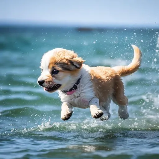 Prompt: A cute puppy running through the ocean and finding a fish