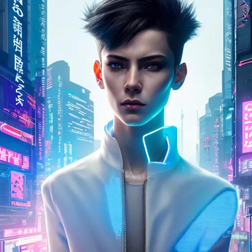Prompt: cyberpunk male. mysterious man. insanely beautiful. perfect anatomy. symmetrically perfect face. amber eyes. hyper realistic. super detailed. soft colours. no extra limbs or hands or fingers or legs or arms. standing on the street. pale skin. smooth texture. realism. smoke effects. full body. 