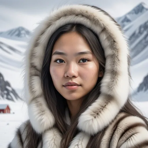 Prompt: Highly detailed photorealistic image in a snowy landscape in Alaska.
An image of a (slim, beautiful, cute Inuit young woman), in winter Inuit furs, 