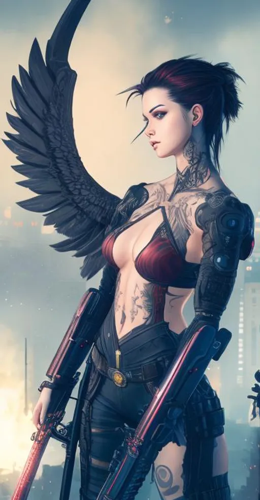 Prompt: Beautiful cyberpunk female with tattoos, apocalyptic, swords, guns, fire, anatomical, dark, gothic, mech, angel wings, battle backgrounds 