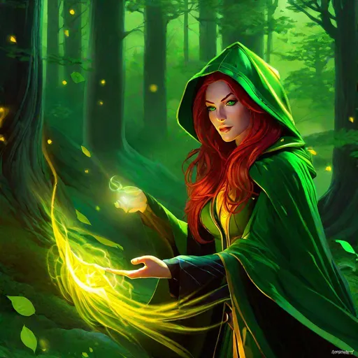 Prompt: A digital painting by Toni Infante, Modern comic book cover, of a beautiful sorceress, casting a yellow spell, in her 40s under a green cloak with long wavy red hair hair and glowing green eyes, intricate, seductive, Dark Fantasy, Nature, Fae, Old Forest, wide shot, Surrealist, Anime, DeviantArt, artstation, Midjourney, cgsociety, digital art, Green electricity, seductive, symmetrical, red boots, vivid, tone mapping, colorgrading, HD, sharp focus, natural lighting, soft shadows, chromatic aberration, depth of field.