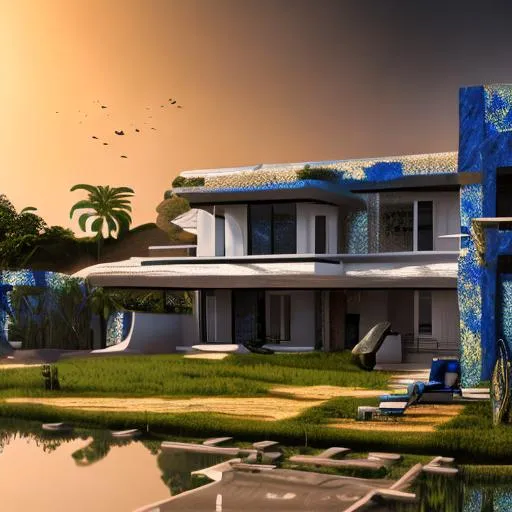 Prompt: modern design of beautiful detailed  2 story family house with a cobalt roof and intricate and artistic congolese minerals details with elements of precolonial Congolese inspiration inmodern kinshasa, volumetric natural light wakanda style, cinematic light, ultra realistic, vray, far view, perspective landscape