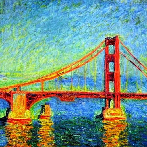 Prompt: A MONET STYLE PAINTING OF THE GOLDEN GATE BRIDGE
