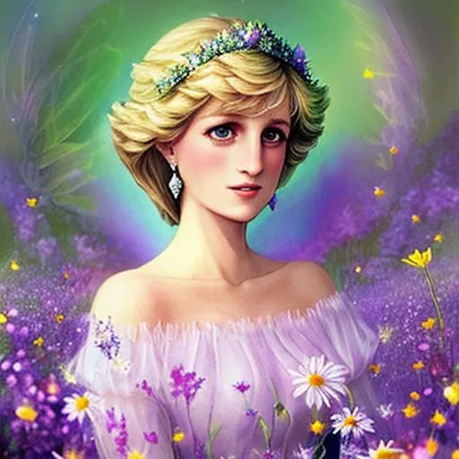 Prompt: Princess Diana as a fairy goddess of wildflowers ethereal,dreamscape, cool colors, closeup