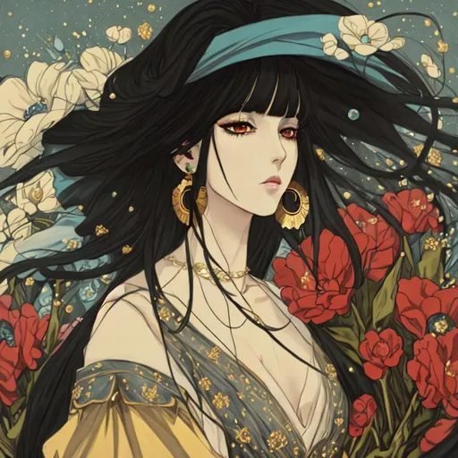 Prompt: a renaissance woman with cold colors, long black hair, light black skin, long gold earrings, black glitter eyes and dark blue dress, in the streets full of big flowers, looking into the distance, portrait view. old anime version