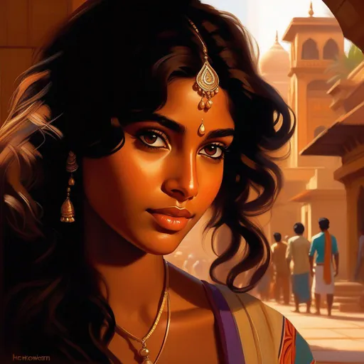 Prompt: Third person, gameplay, Indian girl, tan skin, curly brown hair, brown eyes, 1970s, Mumbai, golden atmosphere, cartoony style, extremely detailed painting by Greg Rutkowski and by Henry Justice Ford and by Steve Henderson 