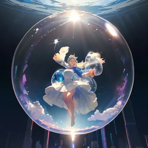 Prompt: A woman floating high in the sky inside a giant bubble