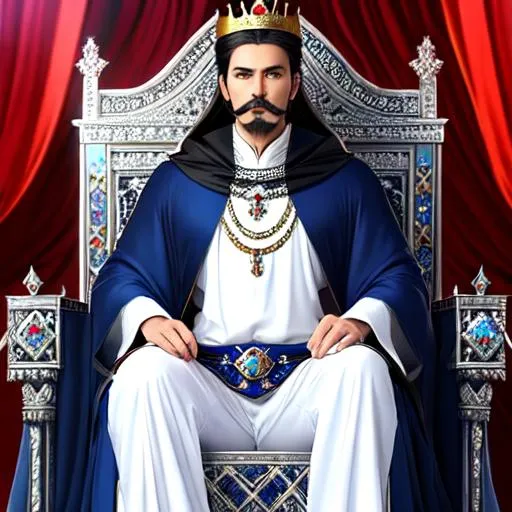 Prompt: A human king wearing white and blue and red medieval Anglo Saxon/ancient Arabian king's garments. short black hair, blue eyes, long black goatee, long black mustache. Sitting on a silver throne decked with sapphires and rubies and diamonds.