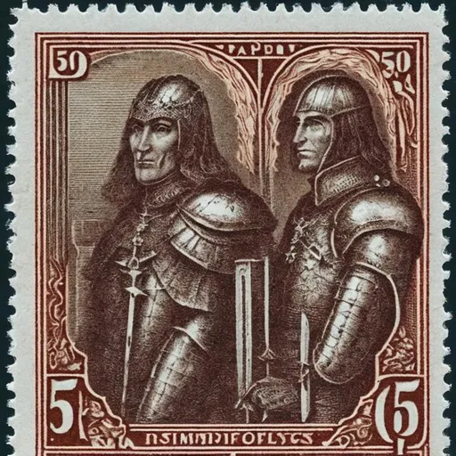 Prompt: hyperrealistic beautiful gothic style postage stamp depicting a realistic pallos and a realistic knight's armor, the value of the stamp is "50 HUF", the inscription on the lower part of the stamp should be: "Király Márk"