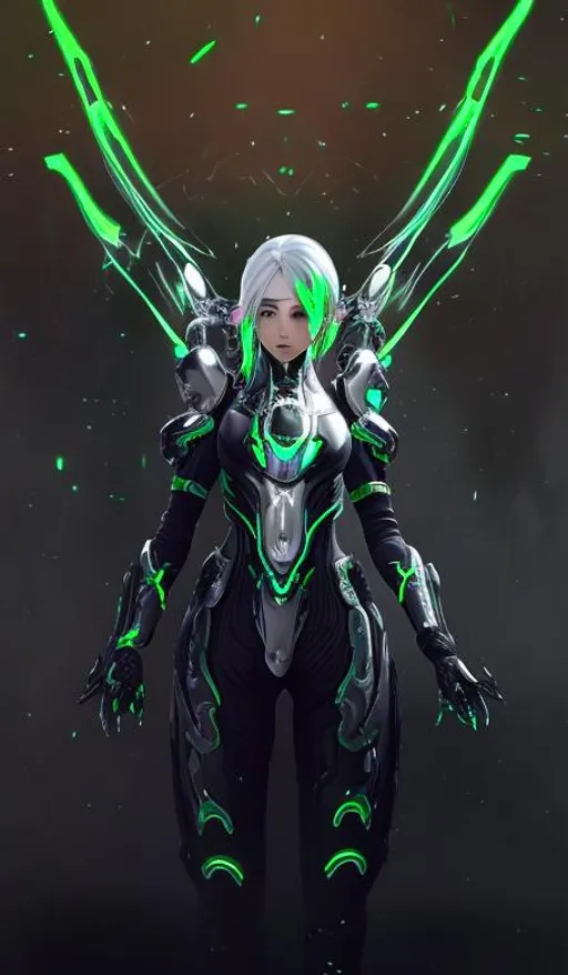 Prompt: female, long silver and green glowing hair, wearing black gloves, green and black scifi armor, ULTRAKILL Xenoblade 2 , conceptart , scifi sword, mechanical halo