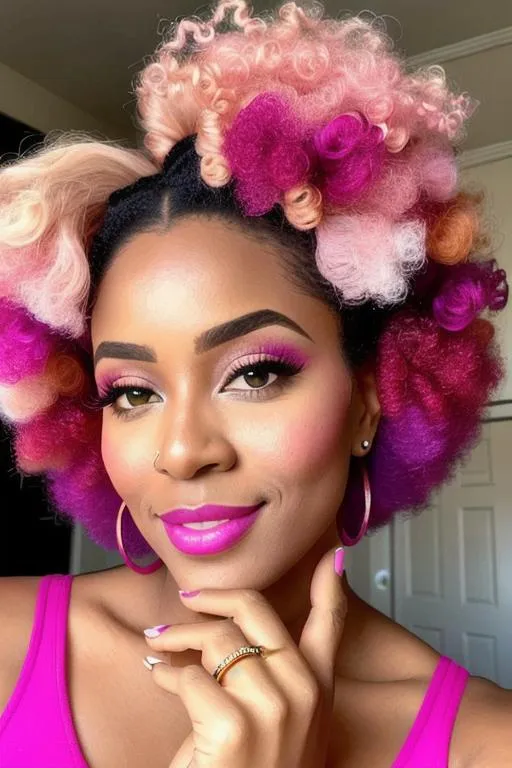 Prompt: a close up of a woman with a ring on her finger, inspired by Cosmo Alexander, tachisme, big afro, bright pink highlights, 7 0 s palette, joyful look, yellow makeup, contest winner 2021, bedroom eyes, mami wata, with short hair, miranda meeks, full makup, looking happy, kezie demessance