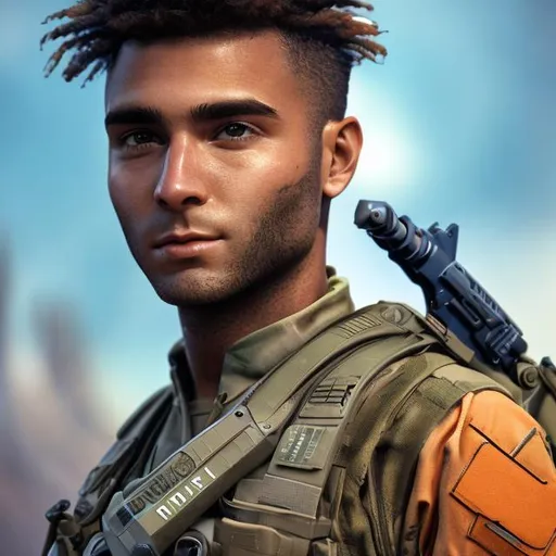 Prompt: an unshaven futuristic US Marine whose name is "PEACE", vivid colors, uhd, 4k