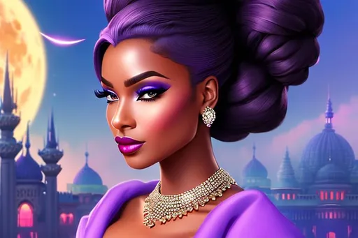 Prompt: head-on, surreal cartoon, high fashionista walking toward viewer, Stunning, glossy portrait of a stunning dark skinned woman with lavender hair pulled back into a bun, she is dressed like a summer queen, dramatic jewelry, dramatic necklace with a tiny dagger that looks real, background is architecture lit by the moon,  trending on artstation