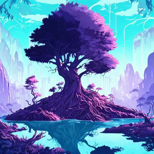 Prompt: A dead tree surrounded by pools of water, violate foliage surrounds the area, Illustrative style, anime, domain, purple