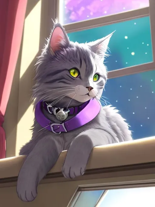 Prompt: Studio ghibli anime style, vivid colours, HDR, gray haired cat named luna , relaxing by the window, wearing small purple collar