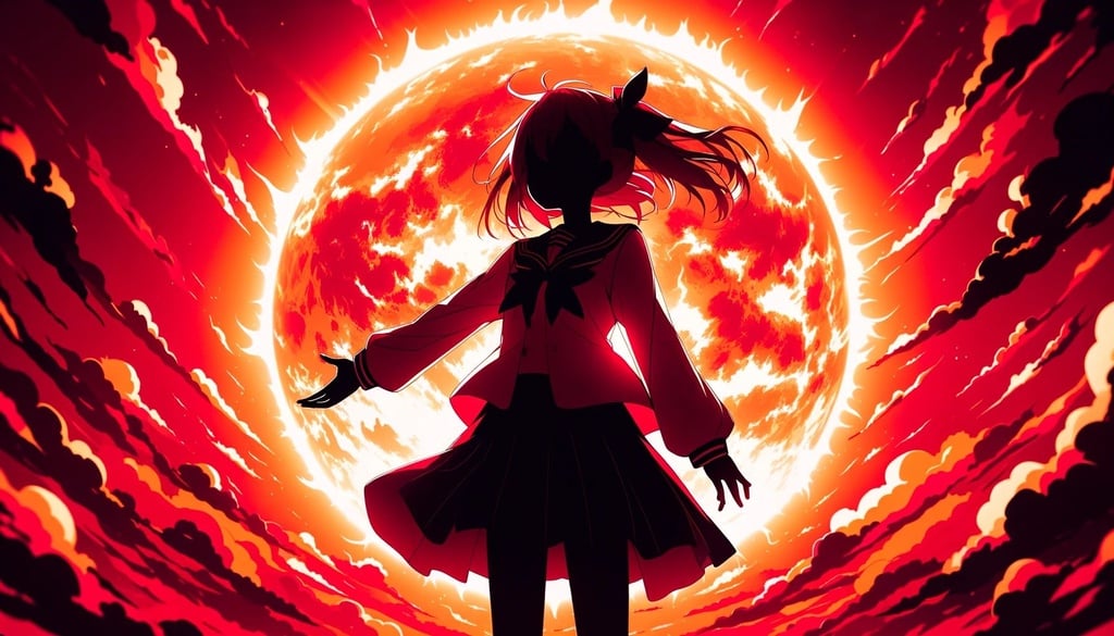 Prompt: Wide photo of an anime girl silhouette standing against a blazing sun with vivid redscale colors and bold lines.