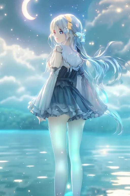Prompt: Anime, Girl, Lake, Moonlight, Magic, 4k, HD. High Quality, Perfect Render, Glowing, Effect.