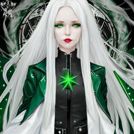 Prompt: 1Woman, Angel Witch, White_Hair, Anime, Leather_Jacket, Green_Lipstick, Healer, Loose Velvet Fitting, Elegant Grace, Mark of All Time Honor