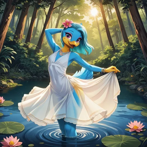 Prompt: ultra-detailed, best_quality, (cute, slim, and alluring anthropomorphic ‘mallard duck’ girl), detailed smiling and expressive facial features, dynamically posed dancing by A pond in a forest, wearing a colorful translucent sun dress, jewelry and ear piercings