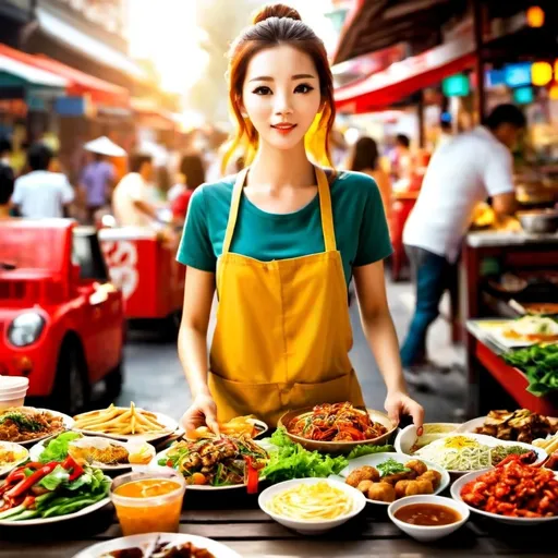 Prompt: Photorealistic image capturing a bustling food stall scene, Irene expertly preparing delicious street food outside in a vibrant market on Beijing Road, Guangzhou, warm golden hour lighting casting soft shadows, teeming with colorful food items, lively atmosphere filled with chatter and energy, vivid details including floating steam and rich textures of the dishes, ultra-detailed composition showcasing the essence of street food culture.